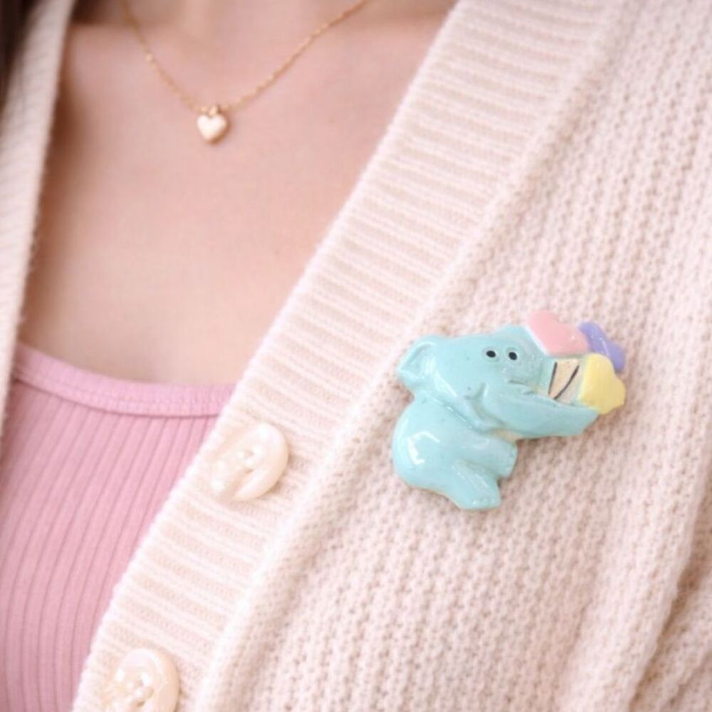 Vintage Elephant Enamel Brooch Pin Pastel Hearts Taiwan ROC 80s Cute Animal